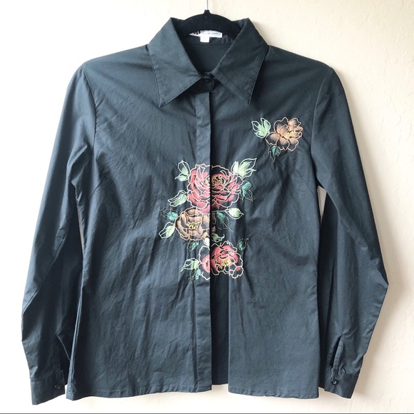 Black Floral Embroidery Cotton Button Down Shirt S - Picture 2 of 10